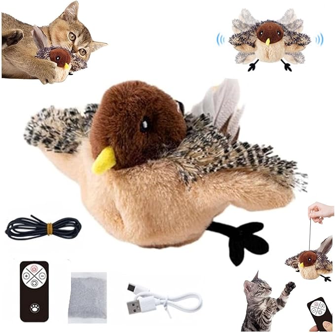 Flying Bird Cat Toy Simulates a Singing Bird Cat Toy Flaps Wings, Suitable for Indoor Cats Rechargeable Interactive Flying Bird Cat Toy with Feathered Tail